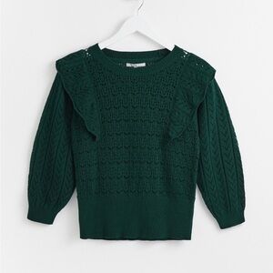 Oliver Bonas Stitchy Frill Bottle Green Cotton Knitted Jumper- size 4